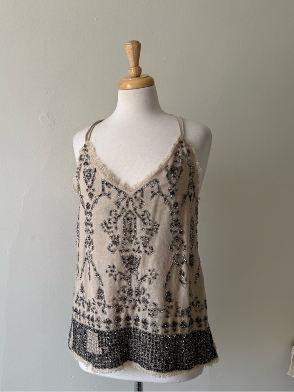 Zara Beaded Linen Tank Boho Festival Top Strappy Back Neutral